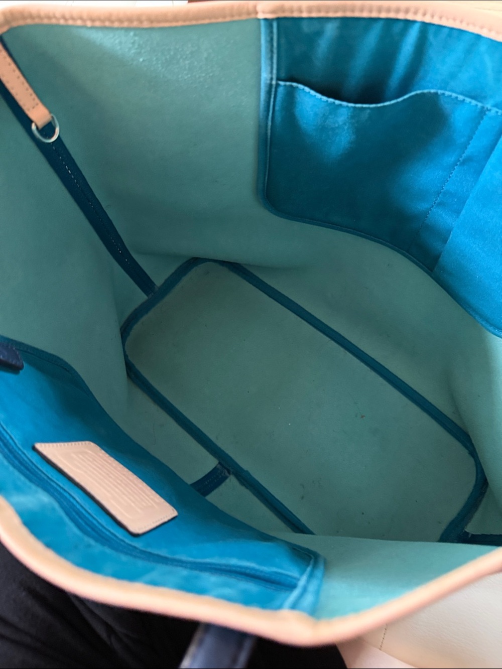 Coach Teal Leather Tote with beige Trim - Picture 3 of 4